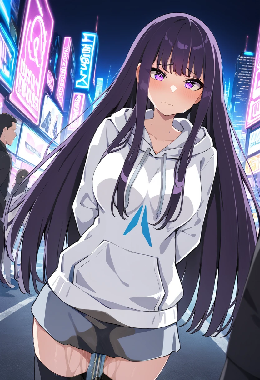 (masterpiece:1.37), best quality, (extremely detailed:1.37), (1girl:1.5), woman, (mature:1.5), (adult:1.5), large breasts, very long hair, (straight hair:1.5), (very dark purple hair:1.5), purple eyes, (extremely detailed eyes:1.37), hoodie, jeans, desperation, (wetting self:1.5), standing, embarrassed, humiliation, blushing, angry, city, futuristic, neon lighting, high-tech, street, skyscraper, knees