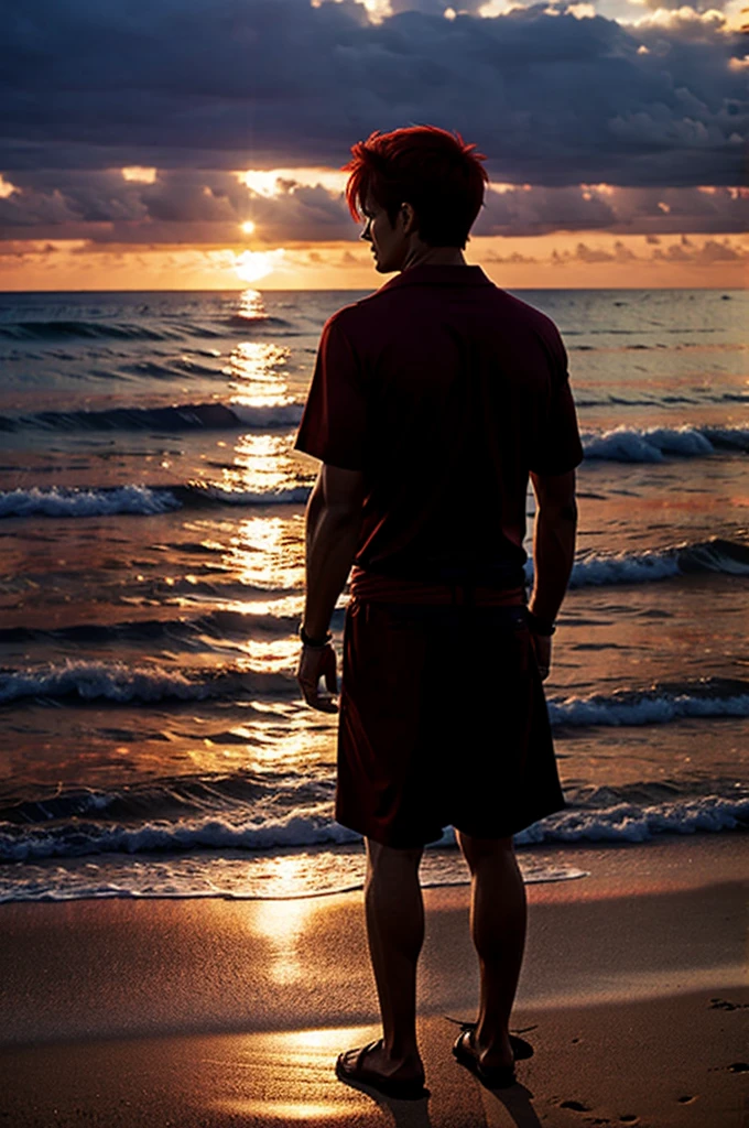 RED HAIR LUFFY AND SHANKS STANDING TOGETHER LOOKING AT THE SUNSET ON THE BEACH