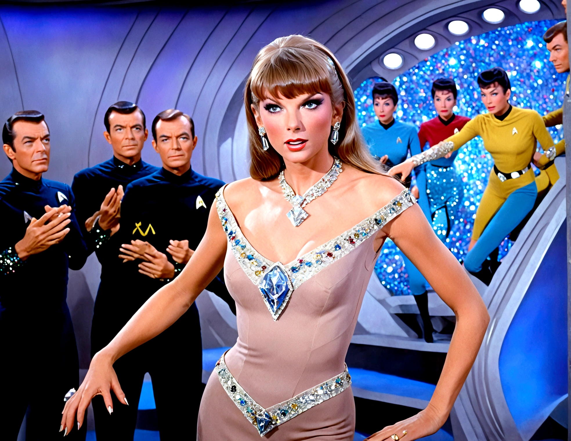 A swift woman (sexy stage outfit, lots of sparkles and sequins, gaudy jewelry) posing for glamour shots, bridge of 1950s star trek enterprise, crew watching her
