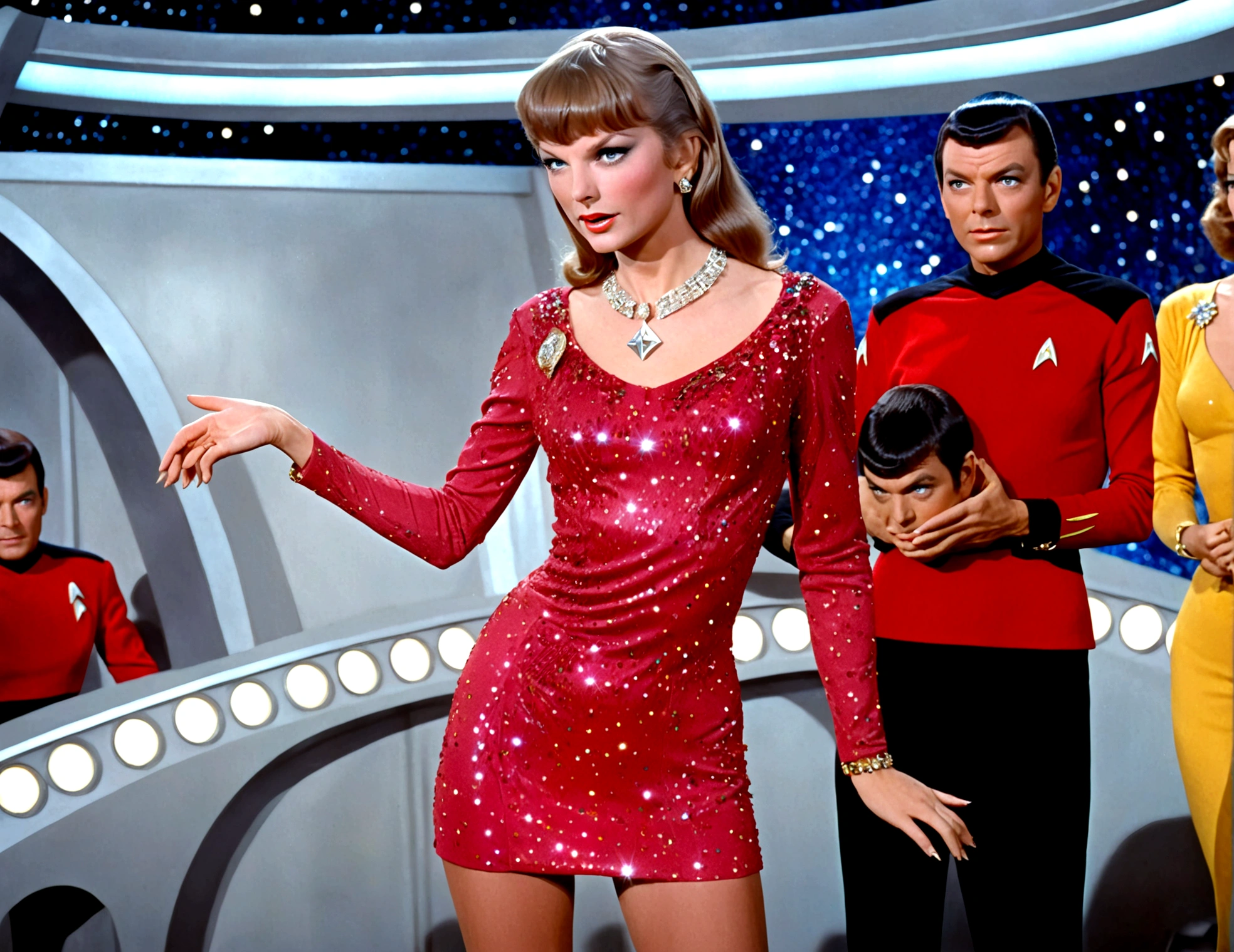 A swift woman (sexy stage outfit, lots of sparkles and sequins, gaudy jewelry) posing for glamour shots, bridge of 1950s star trek enterprise, crew watching her
