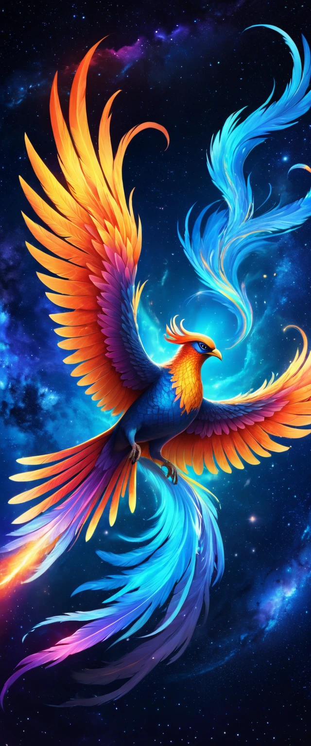 brightly colored bird flying in the sky with stars in the background, radiating rebirth energy, artwork of a phoenix, ''wallpaper of a phoenix, blue phoenix bird, surrealistic bird, a surrealistic bird, cosmic and colorful, phoenix rising, fiery bird, mystical cosmic messenger, amazing space creature 4 k, colorful bird with a long, phoenix rising from the ashes