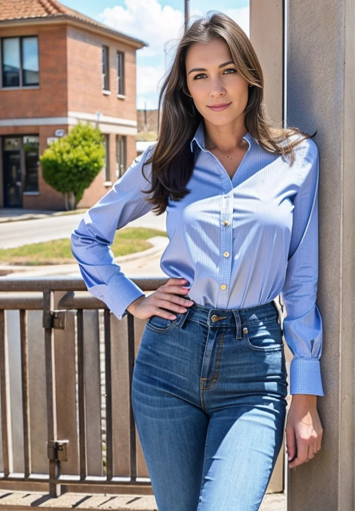 A beautiful brunette woman, 38 years old, standing outside a school, 4k, natural lighting, extremely detailed face, wearing tight jeans and a blouse, long legs, full body image, photorealistic, portrait, high quality, ultra-detailed, vivid colors, cinematic lighting