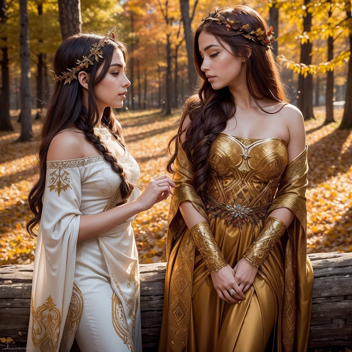 A radiant and enchanting (((Nordic goddess))) gracefully standing amidst a vibrant autumn landscape. Her flowing auburn locks cascade down her shoulders, adorned with a crown of golden leaves that mirror the colorful foliage surrounding her. The ground is covered with autumn-colored leaves. She is cloaked in a gown of earthy tones, embroidered with intricate patterns representing the changing seasons. The soft glow of the setting sun casts a warm, ethereal light upon her, infusing the scene with a magical ambiance. Autumn-colored dead leaves are carried by the breeze. perfect anatomy, (two girls are deeply in love with each other, kiss:1.3)