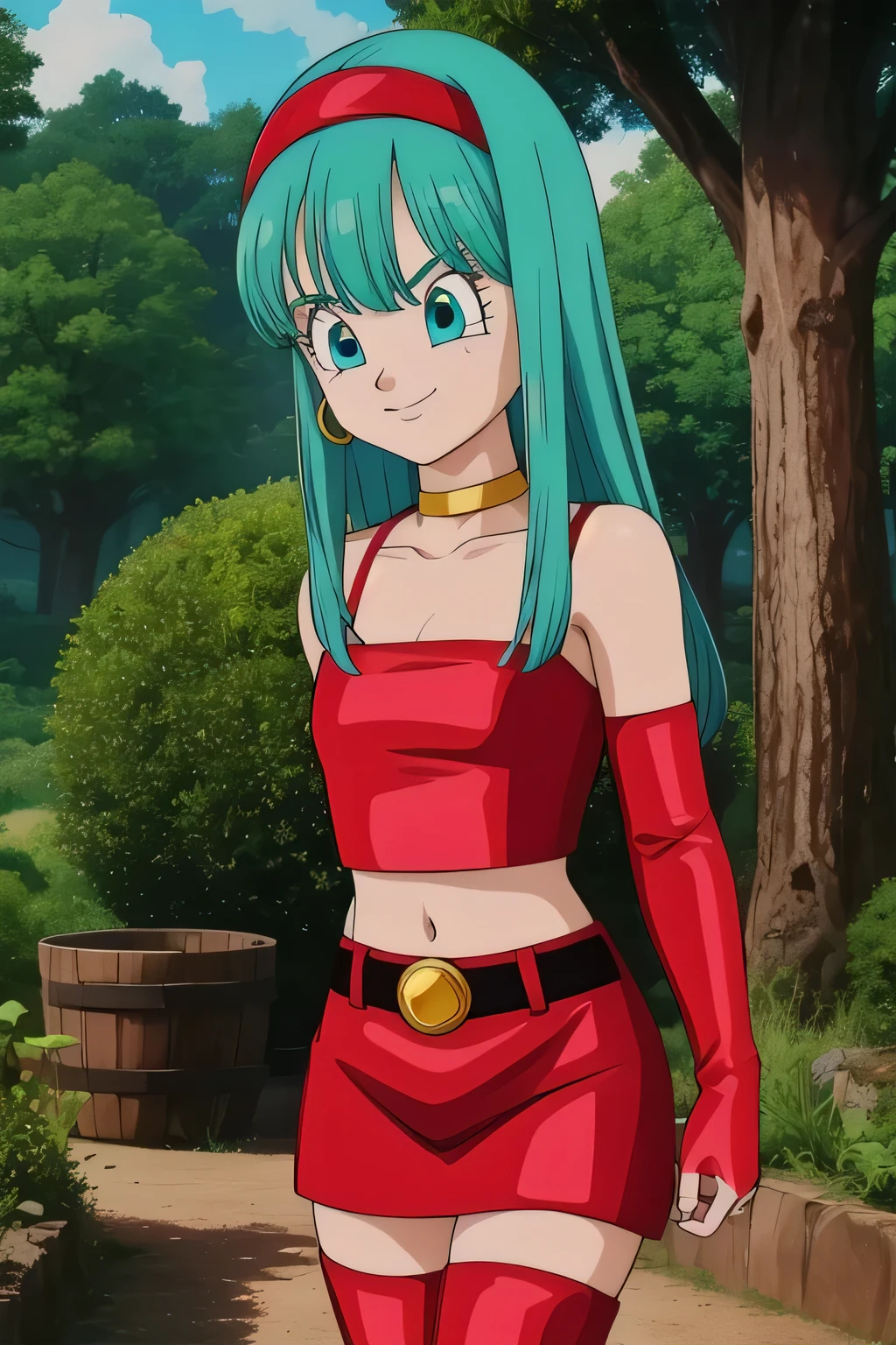 dbgtbra,1girl,solo,aqua hair,straight hair,long hair,aqua eyes,red hairband, smile,closed mouth,cowboy shot, red thighhighs,bare shoulders,collarbone,red boots,midriff,shiny,red belt,zettai ryouiki,red crop top,red skirt,thigh boots,red footwear,red tube top,neck ring,yellow choker,red miniskirt,bridal gauntlets,red gauntlets,tube top,leather, forest,outdoor, (insanely detailed, beautiful detailed face, masterpiece, best quality) cinematic lighting, Cowboy shot