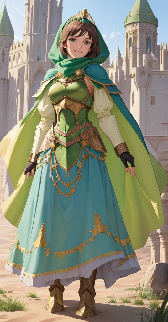 masterpiece, best quality:1.2), 1girl, smile, looking at viewer, green eyes, short brown hair, princess, armor, blue hijab headscarf, pauldrons, armored dress, green cloak cape, wearing puffy blue ballgown skirt, golden tiara with green gem, armored boots, fingerless gloves, standing in front of desert castle