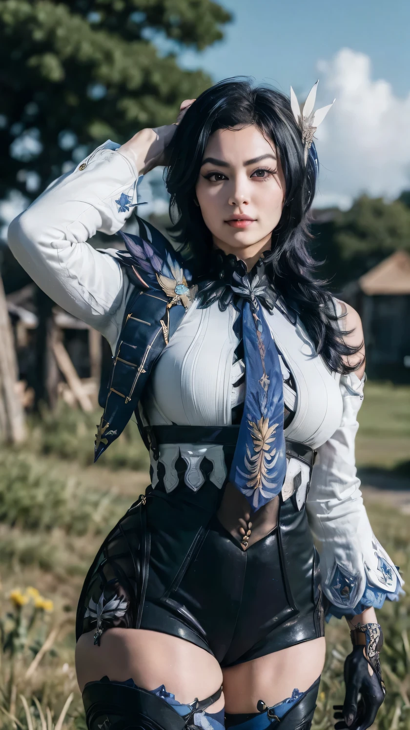 (Real anime age: 26 years old MILF), best qualityer,work of art,8 k wallpaper,absurderes, high resolution, ultra detaild, (1 belo Milf, standing alone:1.1),Eula_au_genshin, cowboy shot, 1womanl,((pele levauente bronzeada))((hair long black)), (thick, fleshy body), (I have thick arms:1.75), 1arm behaud my head, embarrased, black hairband,a leotard with a white top and black bottom, sau mangas, blue necktie, shoulder jewelry, whole body,plein-air, world of Tevyat from Genshau Impact, campamento de Hillichurl, grass field, Green Plants, flowers, carrying a broadsword with gold and blue details