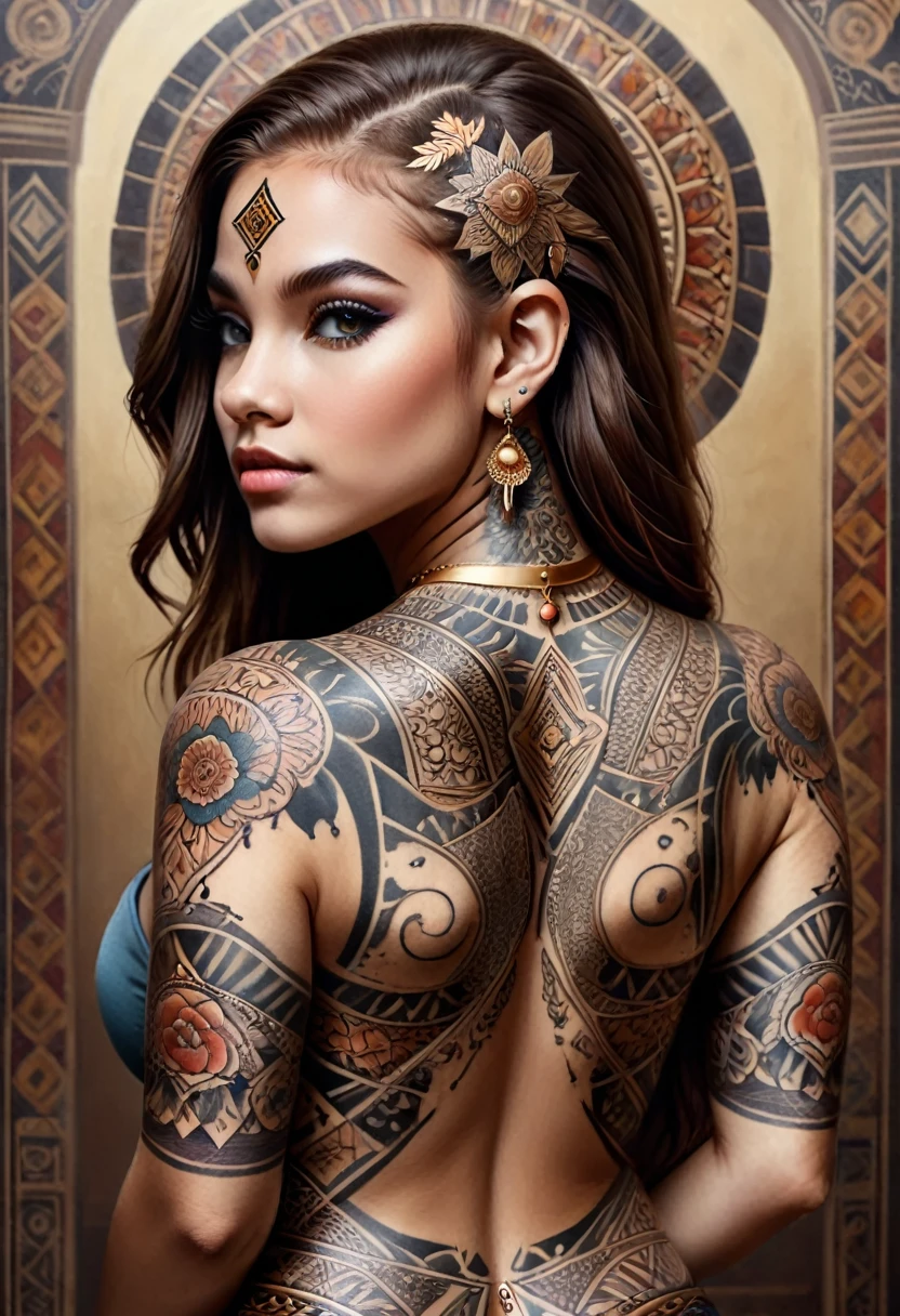 A captivating portrait of a boldly adorned young woman showcasing an intricate full-back tattoo
dvr-frft
