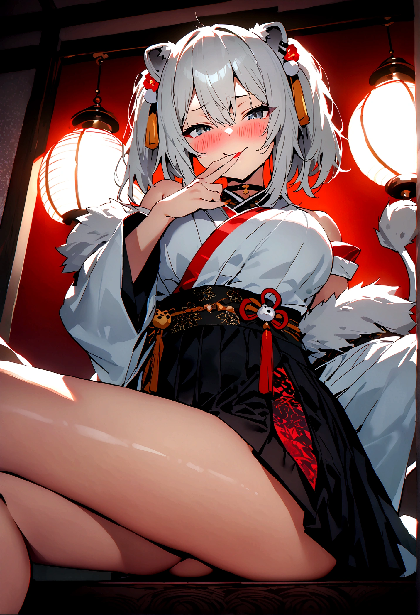 NSFW,masterpiece,Highest quality,High resolution,Super detailed,Shishirabotan\(Hololive\),Double Odango、flower、Side Lock、Lion's tail、White kimono、Off the shoulder、fur ornament、Black Hakama、Short skirt,Bad smile,blush,,(Red light district),Japanese-style room,Sexy pose,duce),Sitting,heart,Throw kiss,From below