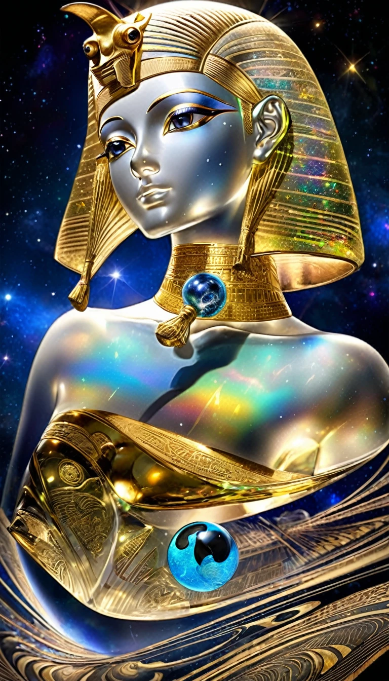 image floating in galaxy space, best quality, super fine, 16k, 2.5D, delicate and dynamic depiction, X-ray, transparent translucent iridescent pyramids, Egyptian mythology, Greek mythology, Mesopotamian mythology, Tutankhamun's golden hoard, yin-yang symbol, scientific artwork