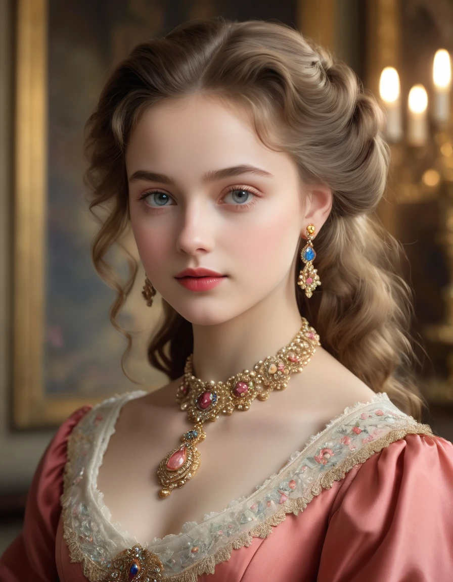 (best quality,4k,8k,highres,masterpiece:1.2),ultra-detailed,(realistic,photorealistic,photo-realistic:1.37),portrait,painting,pastels,personalized masterpiece,18th century,Russian,aristocratic,girl,noble daughter,,extremely beautiful,face,expressive eyes,delicate nose,luscious lips,porcelain skin,rosy cheeks,flowing curls,silky dress,stately posture,fine jewelry,embroidered lace collar,grand background,opulent interior,faint golden light