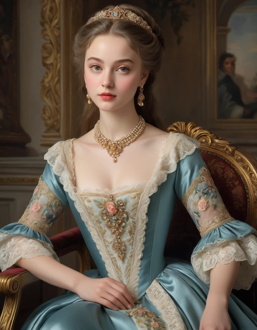 (best quality,4k,8k,highres,masterpiece:1.2),ultra-detailed,(realistic,photorealistic,photo-realistic:1.37),portrait,painting,pastels,personalized masterpiece,18th century,Russian,aristocratic,girl,noble daughter,,extremely beautiful,face,expressive eyes,delicate nose,luscious lips,porcelain skin,rosy cheeks,flowing curls,silky dress,stately posture,fine jewelry,embroidered lace collar,grand background,opulent interior,faint golden light