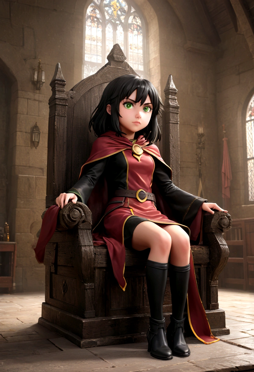 Throne of Power, Leg spread, (masterpiece), highest quality, Megumin, a beautiful young 9-year-old daughter of severus snape,((highest quality)),(ultra high resolution),(Super detailed),(detailed description),((best CG)),(best work of art) ,black hair, green eyes, uhd, retina, masterpiece, ccurate, anatomically correct, textured skin, super detail, high details, high quality, best quality, highres, 4K