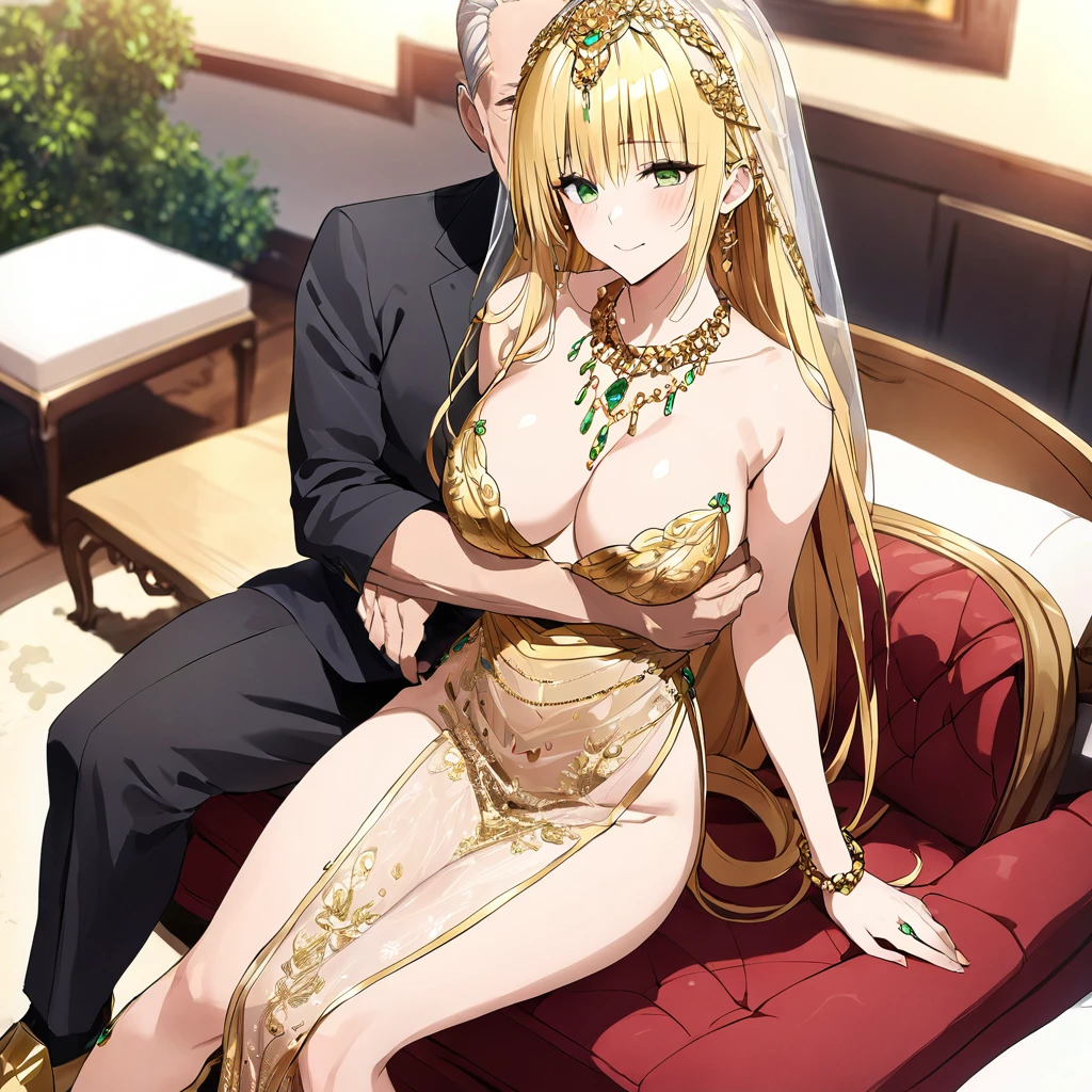 ((Highest quality)), ((masterpiece)), (detailed), (Perfect Face)、The woman was a tiare with green eyes and medium-long blonde hair, and was wearing a luxurious, shiny, gold-colored, long-slit see-through dress with gorgeous embroidery and trim, which allowed her skin to show through, a gold-colored see-through cape, and a gold-colored see-through veil. She was wearing a gorgeous jeweled hair accessory, a jeweled head dress chain, a jeweled waist chain, a gorgeous necklace, bracelets, ankle bracelets, jeweled earrings, and shiny gold boots. She was also wearing an engagement ring.、The woman is sitting on a luxurious sofa in a luxurious room with her 16-year-old daughter and a man, enjoying a family gathering.、The man is a dignified, bearded, elderly man of great wealth, wearing luxurious clothing with gold embroidery and trim.、The , who resembles the woman, is wearing the same clothes as the woman and hugging her mother.