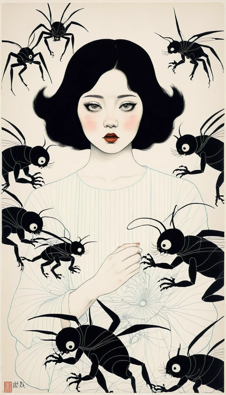 Portrait of a beautiful young woman being possessed by humanoid toys, organic, diabolical and japanese mechanics, in the style of Toshio Saeki, detailed and linear illustration.
