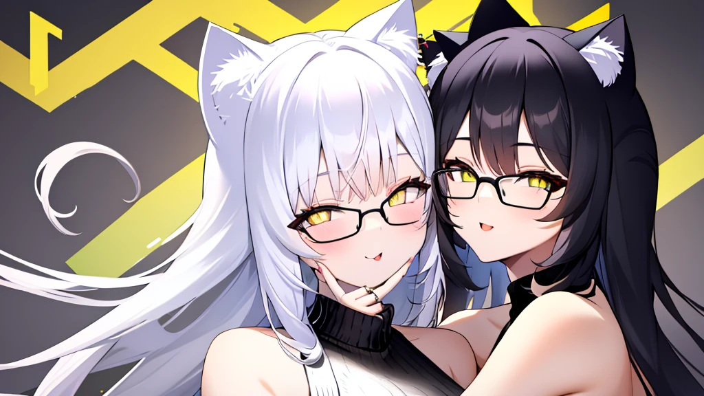 Two women, 20-year-old female angels, long, white hair, yellow eyes, cat ears, and glowing yellow halo rings above their heads. Wear round glasses (White halter turtleneck sweater, white purekiller sweater, sleeveless, sexy backless sweater, white dress) A 20-year-old cat girl with long, black hair, gray eyes, cat ears, and wears round glasses. (Black halter turtleneck sweater, black purekiller sweater, sleeveless, backless sweater, sexy black dress)