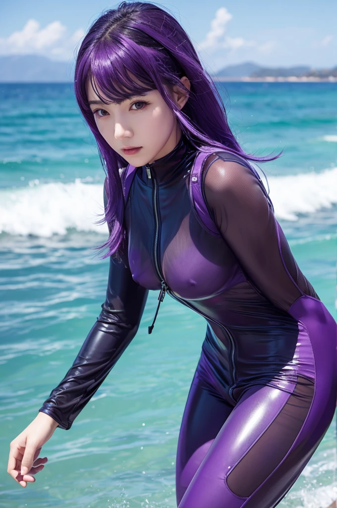 See-through rubber suit with zipper and open chest、Transparent nipples、Ocean、Purple Hair、Leaning forward