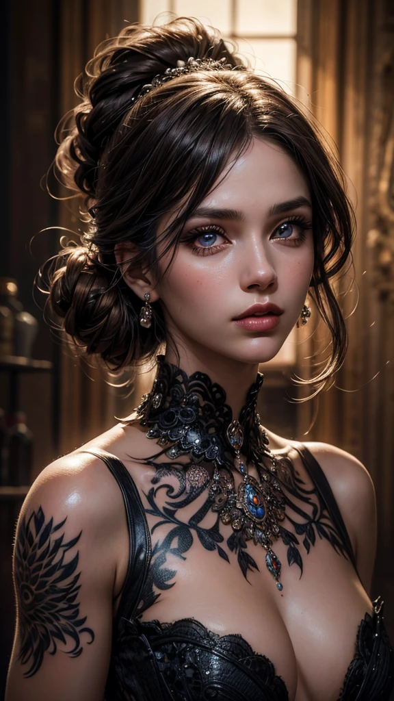 a captivating portrait of a boldly adorned young woman,intricate full-back tattoo,beautiful detailed eyes,beautiful detailed lips,extremely detailed eyes and face,long eyelashes,flawless skin,elegant updo hairstyle,detailed jewelry,dramatic lighting,vibrant colors,photorealistic,8k,masterpiece,concept art