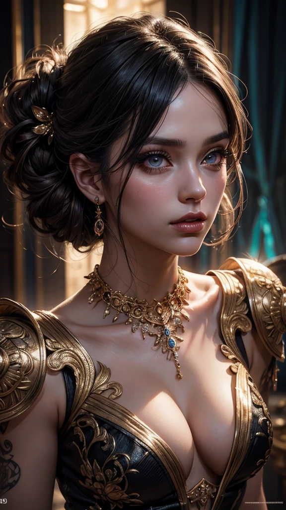 a captivating portrait of a boldly adorned young woman,intricate full-back tattoo,beautiful detailed eyes,beautiful detailed lips,extremely detailed eyes and face,long eyelashes,flawless skin,elegant updo hairstyle,detailed jewelry,dramatic lighting,vibrant colors,photorealistic,8k,masterpiece,concept art