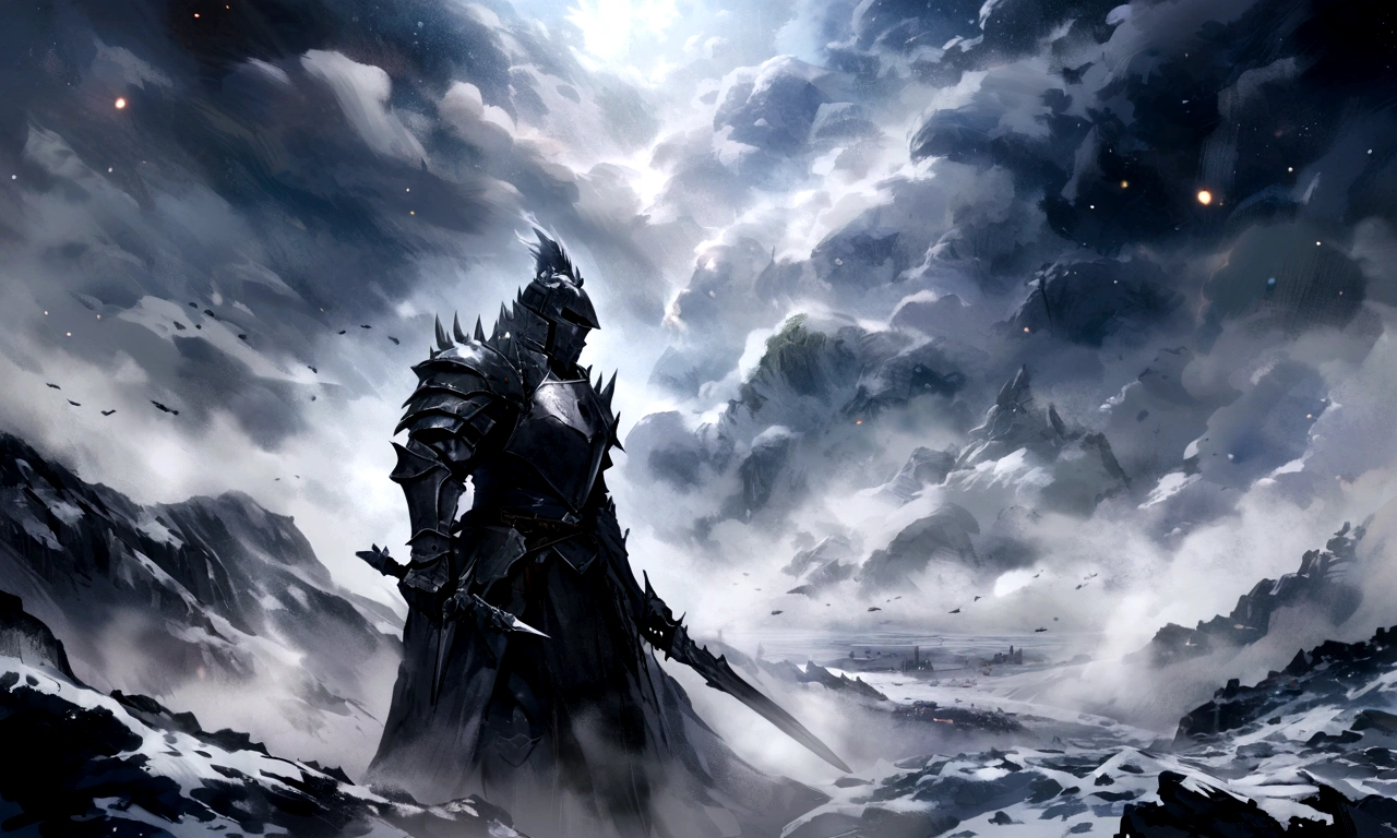 Create an impressionist painting of a spooky warrior knight, snow, Space Ash, Artistic, complicated,fog