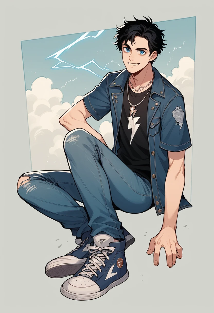 a young boy of 28 years old, Anakin Skywalker, symmetrical face, defined body, sharp chin, blue eyes, short hair on both sides of the head, short hair on top, long hair at the nape of the neck, black hair, messy hair, cheerful smile, wearing a jean jacket, a simple black t-shirt, jeans, worn sneakers, necklace with a sapphire stone, in a combat position, destroyed sapphire fragments, lightning coming out of it, in some mountains, thunderstorms, alone