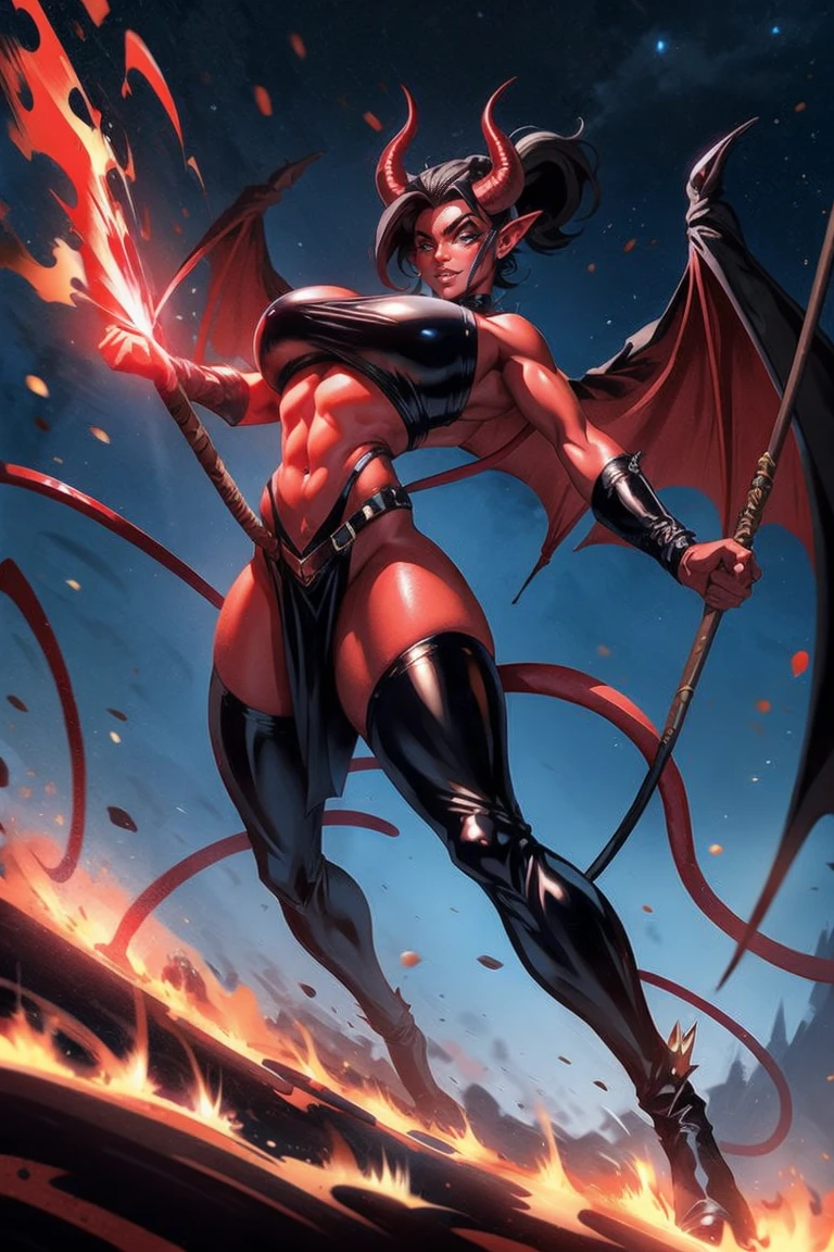 Red skin succubus tiefling, medium breasts, wide hips, black horns, wings, huge tail, black leather, crop top, long flowing pelvic curtain, tall, athletic, graceful, thin, long black ponytail. Action scene, whip. Dark scene, explosions, night sky.