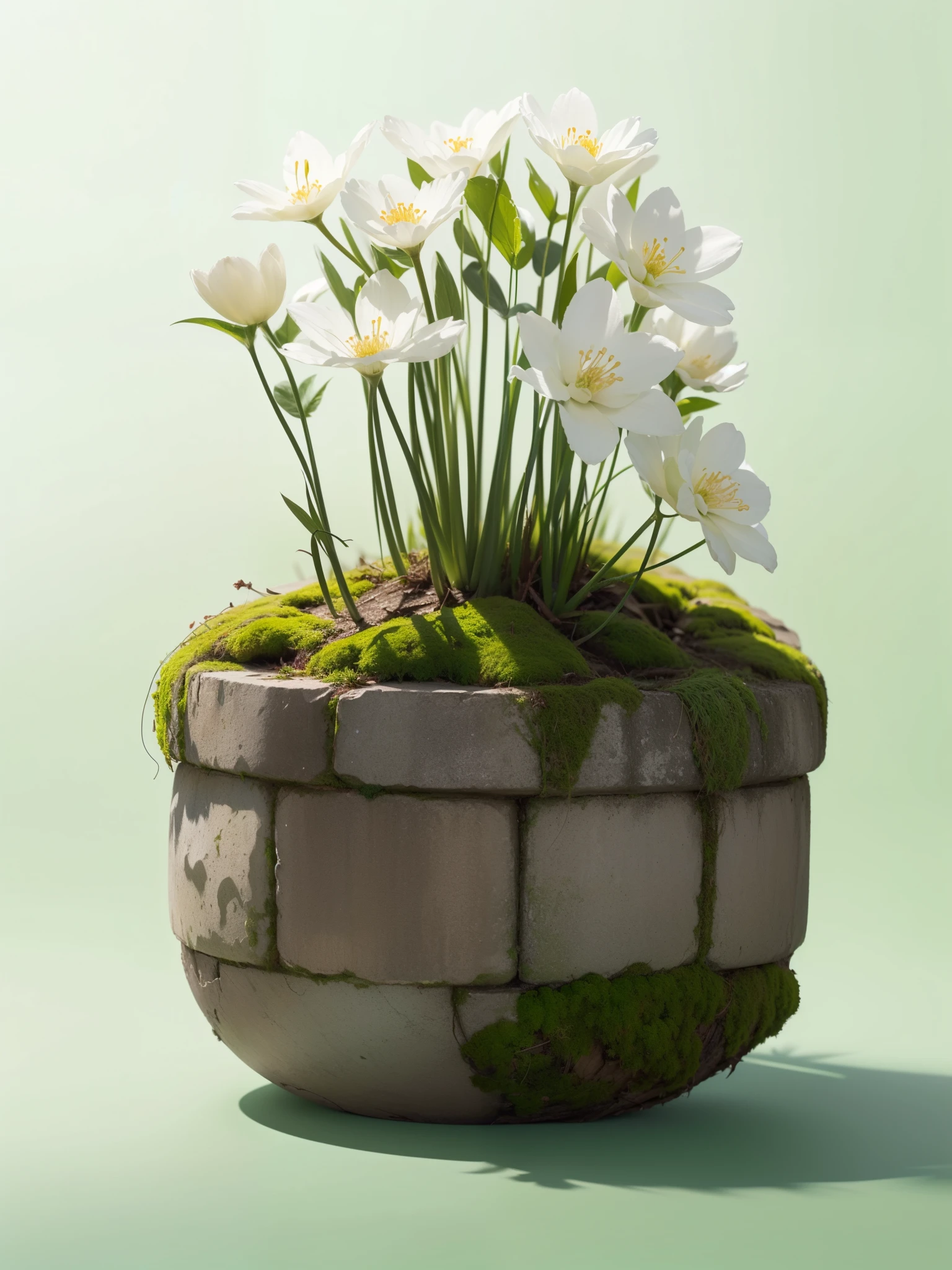 ((style_01,clean,realistic,no humans,brick,leaf,white flowers,still life,moss,shadow,simple background,green theme,Gradient background,clean)),(Simple background),ultra realistic 8k cg,flawless,clean,masterpiece,professional artwork,famous artwork,cinematic lighting,