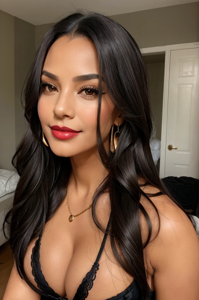 1girl, breasts, solo, cleavage, earrings, jewelry, long_hair, huge_breasts, black_hair, lips, makeup, mature_female, realistic, facial_mark, upper_body, bra, smile, forehead_mark, lipstick
