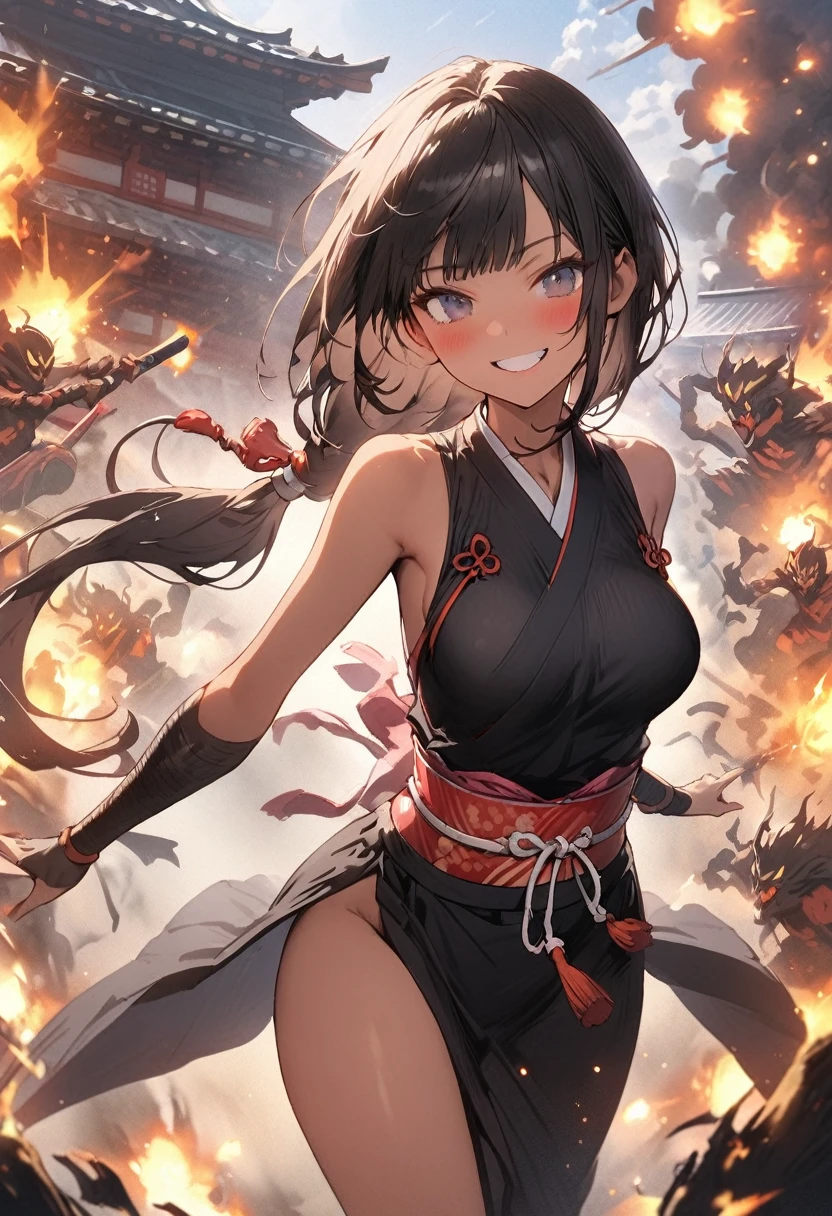 Action Scenes、(A female ninja fighting countless monsters),((masterpiece,Highest quality:1.3,best quality illustration)), 独奏,1woman,(Mature Japan beauties)、black hair,(low ponytail hair style),long hair,blunt bangs,black eyes,gorgeous eyes,((very small head:1.3)),blush,A strong smile,((very long body:1.2)),medium breasts,(tan skin), (gleaming skin,toned body,slender body, skinny),(Female Ninja Costume、A simple, patternless black kimono、Black mini skirt with slits),Sprint、explosion、Overlooking the rooftop of a high-rise building、Moonlit Night、Modern Tokyo、