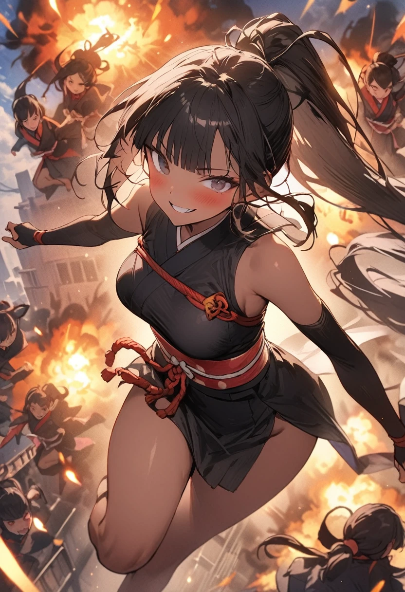 Action Scenes、(A female ninja fighting countless monsters),((masterpiece,Highest quality:1.3,best quality illustration)), 独奏,1woman,(Mature Japan beauties)、black hair,(low ponytail hair style),long hair,blunt bangs,black eyes,gorgeous eyes,((very small head:1.3)),blush,A strong smile,((very long body:1.2)),medium breasts,(tan skin), (gleaming skin,toned body,slender body, skinny),(Female Ninja Costume、A simple, patternless black kimono、Black mini skirt with slits),Sprint、explosion、Urban area,Collapsed Buildingoonlit Night、Modern Tokyo、