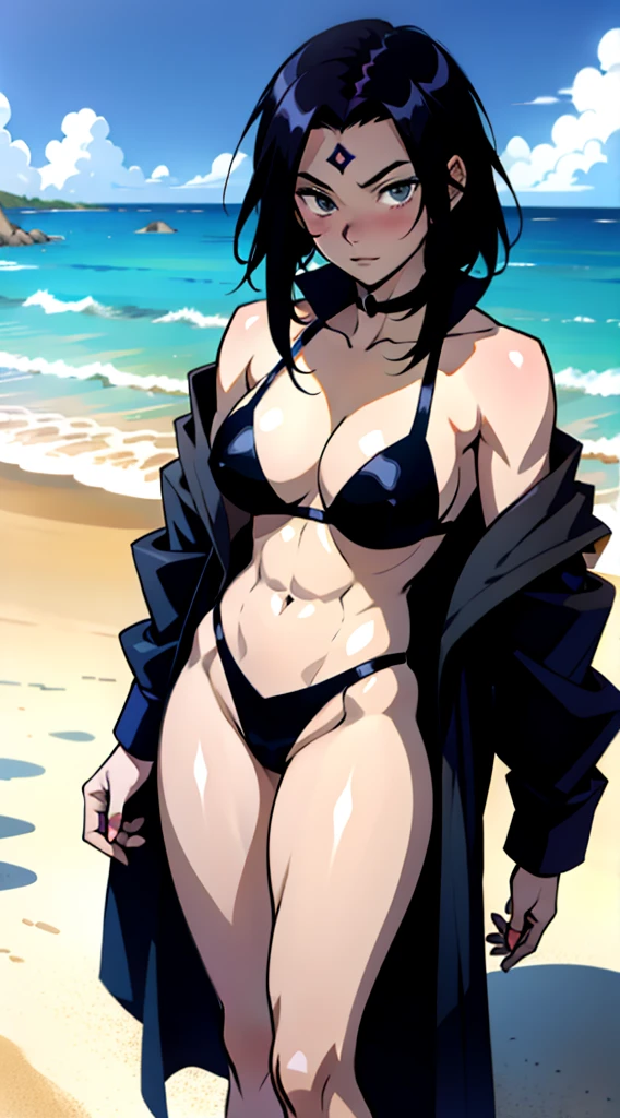 アニメ cel-shading Raven, bikini, on the beach in ((anime + manga + comics + cartoon) style) 