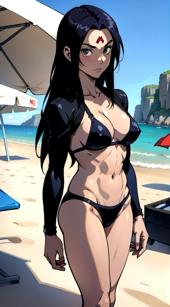 アニメ cel-shading Raven, bikini, on the beach in ((anime + manga + comics + cartoon) style) 