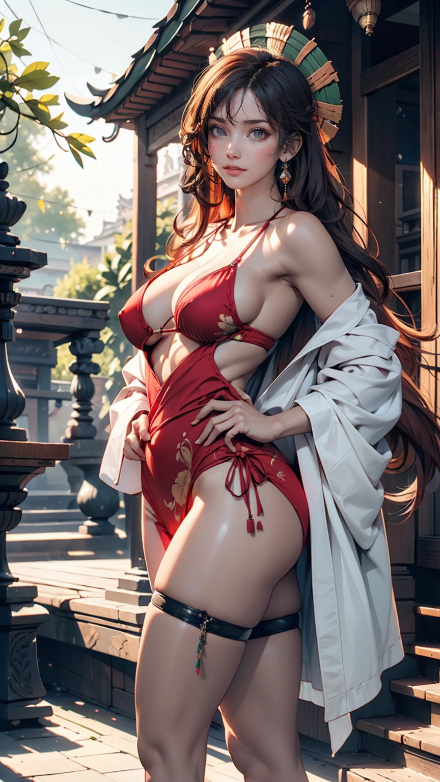 (Isometric 3D),(masterpiece), (Highly detailed CG Unity 8k wallpaper), (Highest quality), (Best illustrations), (Best Shadow),, cute , Bali Temple, A round turnip hut covered with moss, ,Octane Rendering,Ray Tracing,Super detailed、24 year old Caucasian female、Red hair、Semi-long hair、green inner color、Heavy makeup、Micro Bikini、Pareo on waist、Stiletto heels、Put one hand on your hip、Cowboy Shot