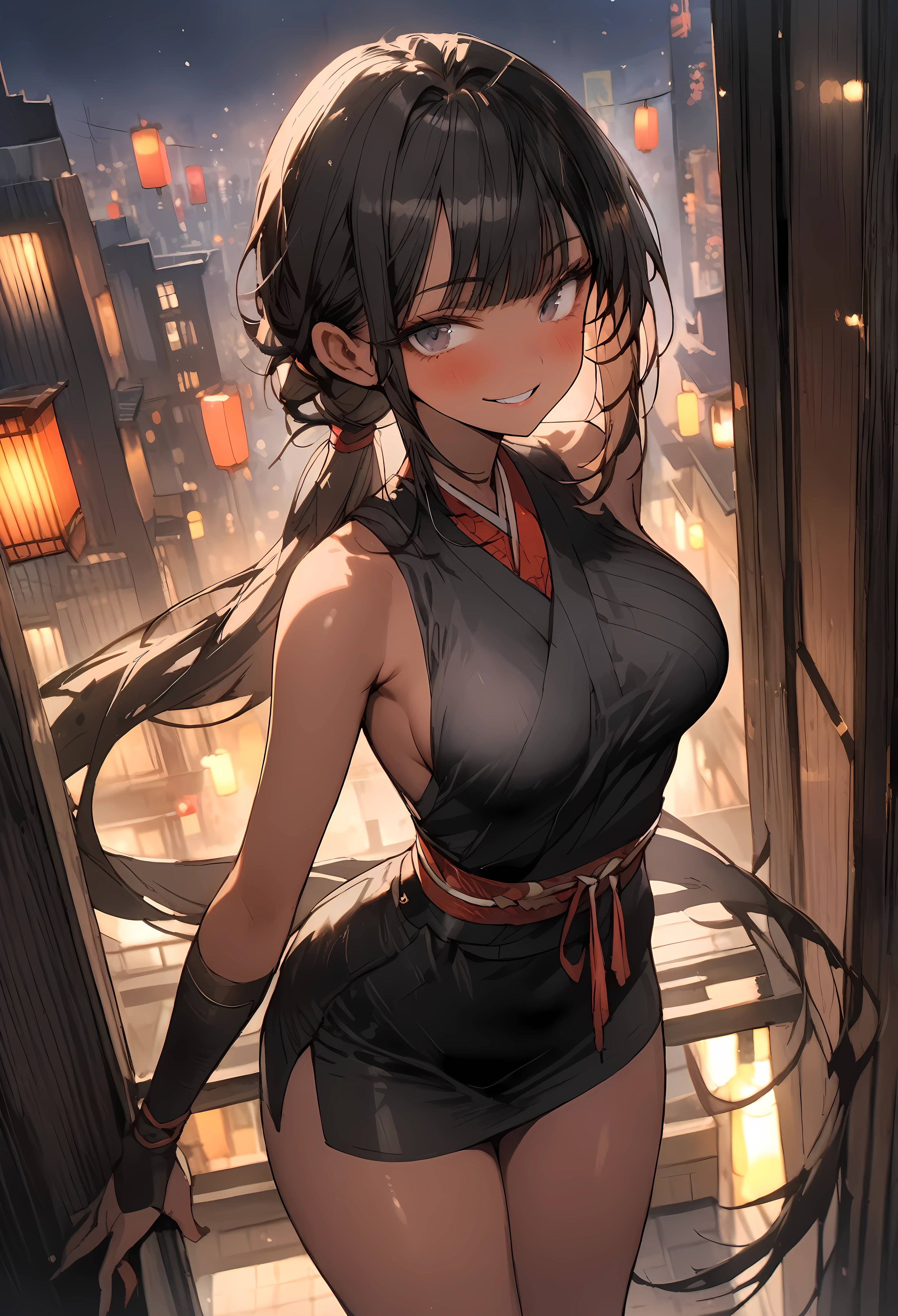 ((masterpiece,Highest quality:1.3,best quality illustration)), solo,1woman,(Mature Japan beauties)、black hair,(low ponytail hair style),long hair,blunt bangs,black eyes,gorgeous eyes,((very small head:1.3)),blush,A strong smile,((very long body:1.2)),medium breasts,(tan skin), (gleaming skin,toned body,slender body, skinny),(Female Ninja Costume、A simple, patternless black kimono、Black mini skirt),standing、Overlooking the rooftop of a high-rise building、Moonlit Night、Modern Tokyo、