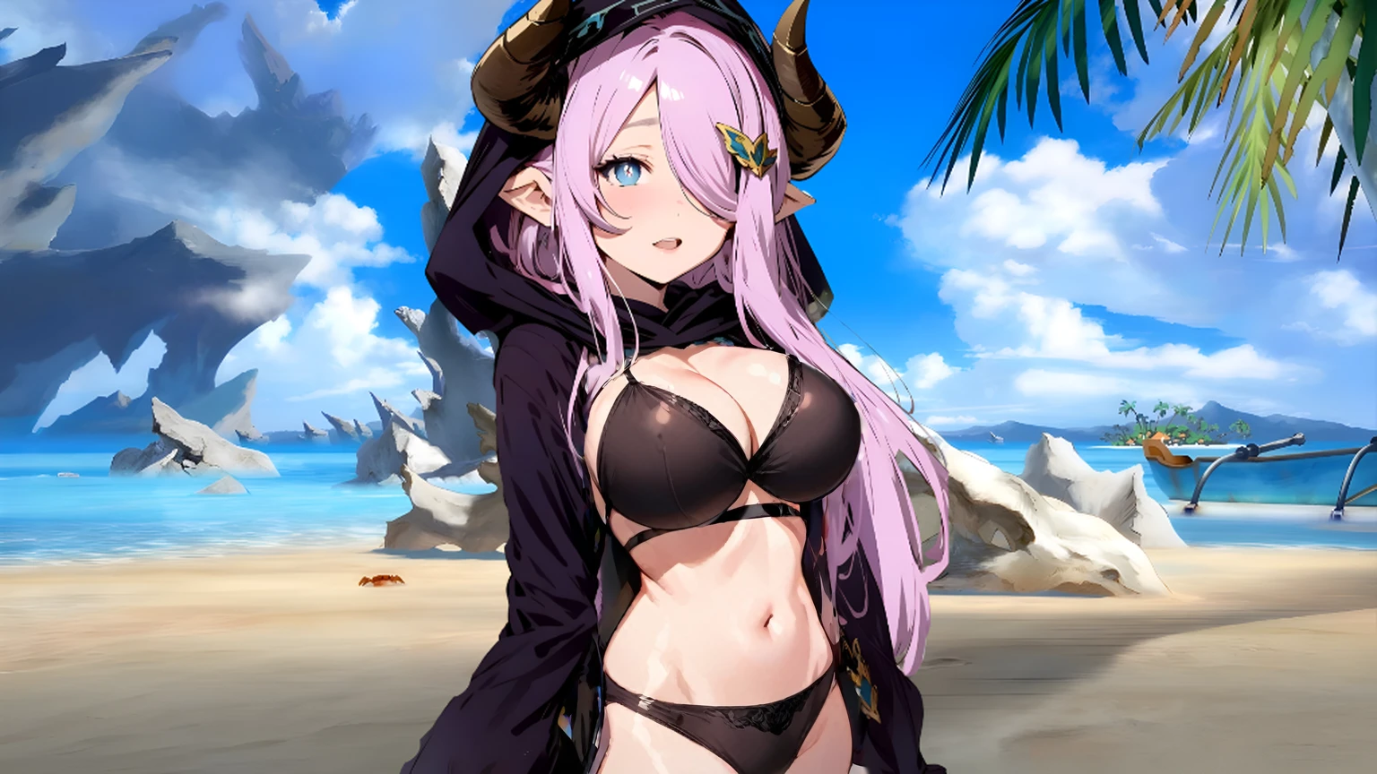 tight fitting black bikini, large breasts,