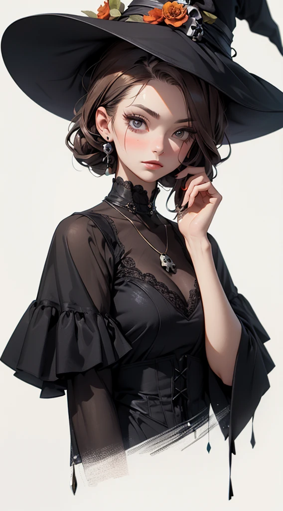 Woman in elegant Victorian dress, flowers on her head, orange flowers in the background, a skull painted on her face, skull necklace, round black eye makeup, large flowers drawn on her forehead, white skin, witch, witch’s hat,
