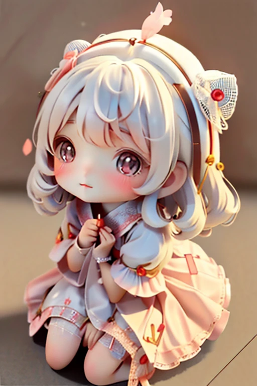 Girl Chibi, , Medium pastel red white, Luxury Fabric, Dithering, Widespread,Viewer Lucky Blue White,In a cellar color dress、、There are no protrusions on the head、There are no protrusions on the head、hat,high quality、high resolution、Ultra delicate、Cute big eyes beautiful cute