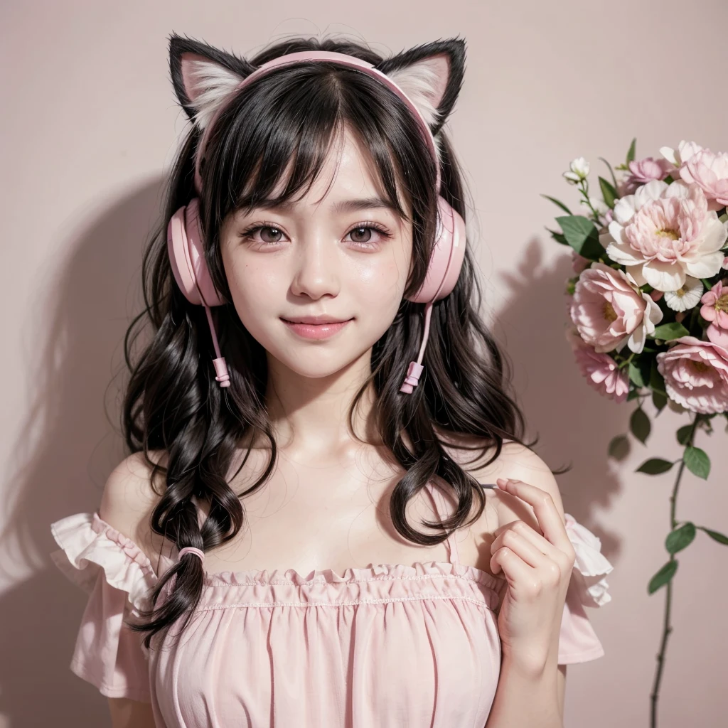 sweet girl with white skin, black eyes,medium black wavy hair, wearing a pastel pink flowery strap dress,wearing cat ear headphones,Pink room background, looking straight ahead,black eye,realist,smile at camera,18 years old,japanese