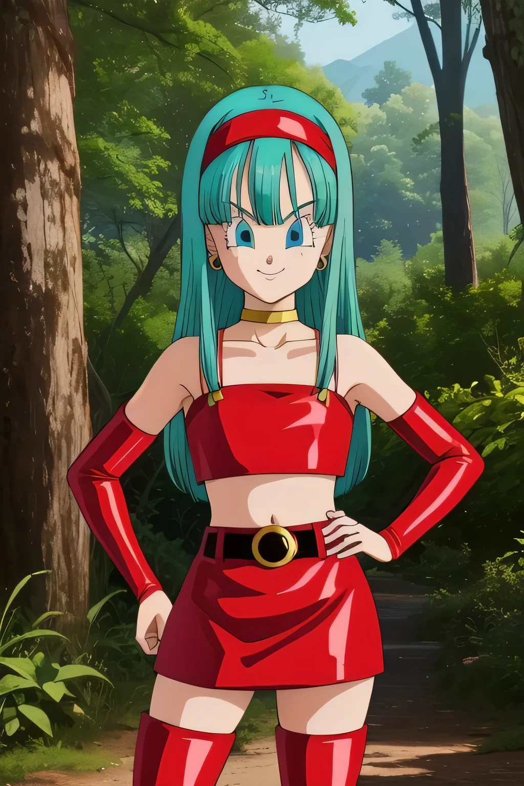 dbgtbra,1girl,solo,aqua hair,straight hair,long hair,aqua eyes,red hairband, smile,closed mouth,cowboy shot, red thighhighs,bare shoulders,collarbone,red boots,midriff,shiny,red belt,zettai ryouiki,red crop top,red skirt,thigh boots,red footwear,red tube top,neck ring,yellow choker,red miniskirt,bridal gauntlets,red gauntlets,tube top,leather, forest,outdoor, (insanely detailed, beautiful detailed face, masterpiece, best quality) cinematic lighting, Cowboy shot, hands on hip 