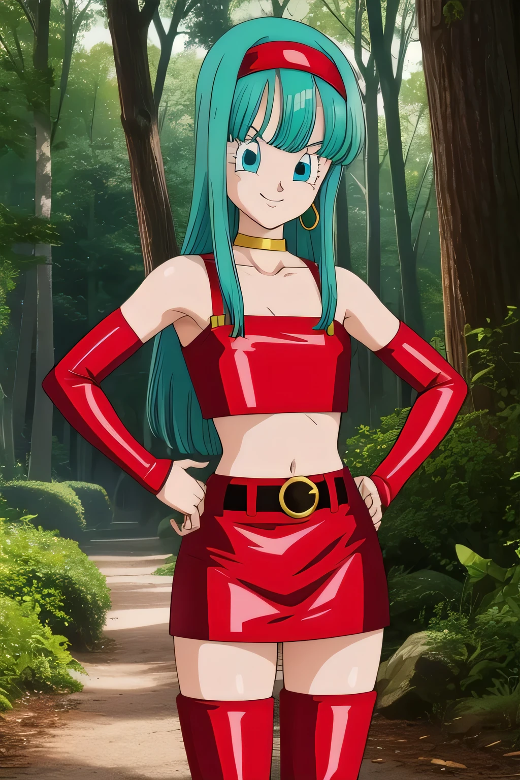 dbgtbra,1girl,solo,aqua hair,straight hair,long hair,aqua eyes,red hairband, smile,closed mouth,cowboy shot, red thighhighs,bare shoulders,collarbone,red boots,midriff,shiny,red belt,zettai ryouiki,red crop top,red skirt,thigh boots,red footwear,red tube top,neck ring,yellow choker,red miniskirt,bridal gauntlets,red gauntlets,tube top,leather, forest,outdoor, (insanely detailed, beautiful detailed face, masterpiece, best quality) cinematic lighting, Cowboy shot, hands on hip 