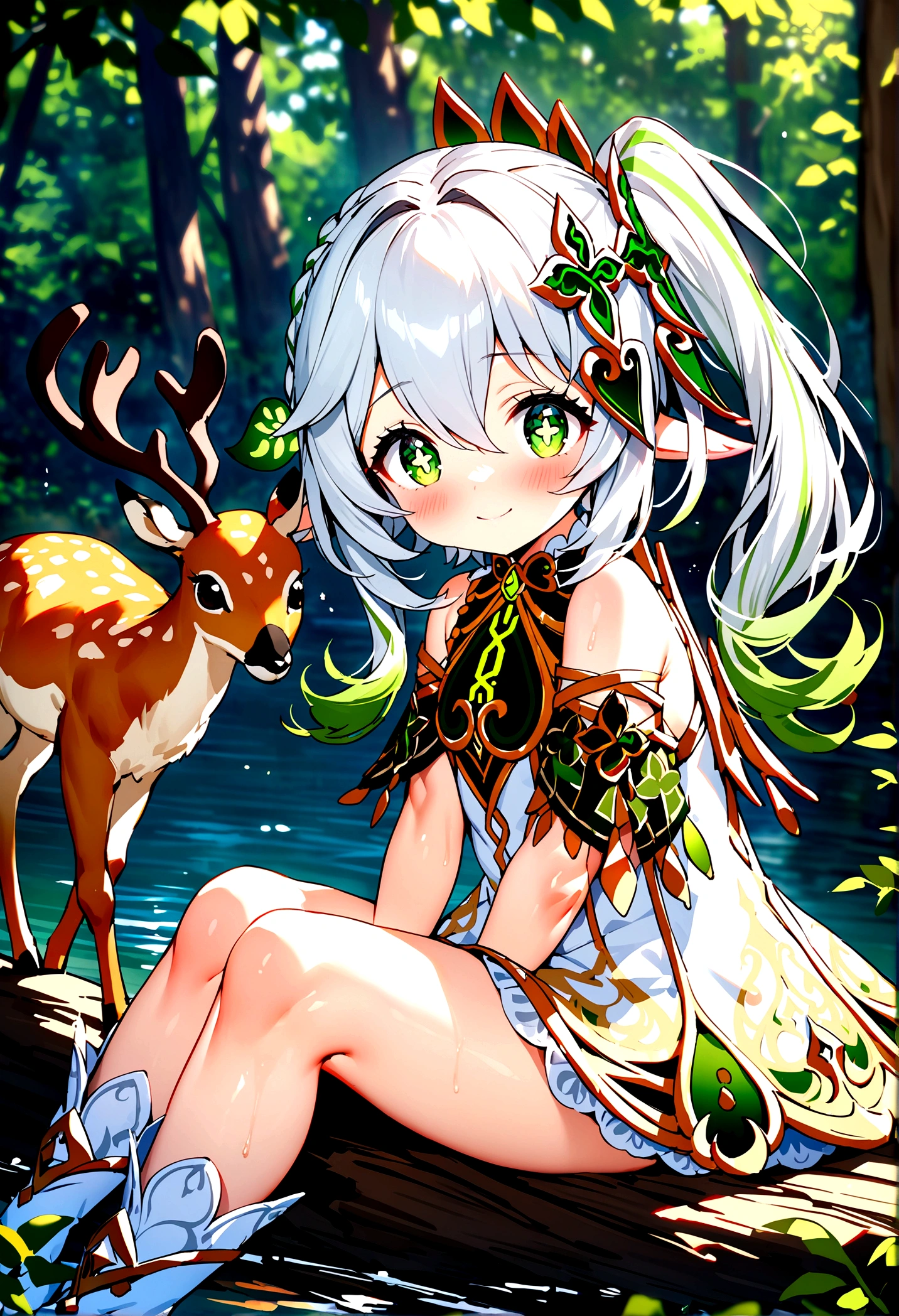 NSFW,masterpiece,Highest quality,High resolution,Super detailed,Nahida \(genshin impact\)、Green Eyes、dress、白いdress、Pointed Ears、Cruciform pupil、Symbol-shaped pupil、+ +、Side Ponytail、Long Hair、White Hair、Multicolored Hair、hair ornaments,blush,Expecting face,smile,in the forest,lake,Sitting,From the side,birdie,deer