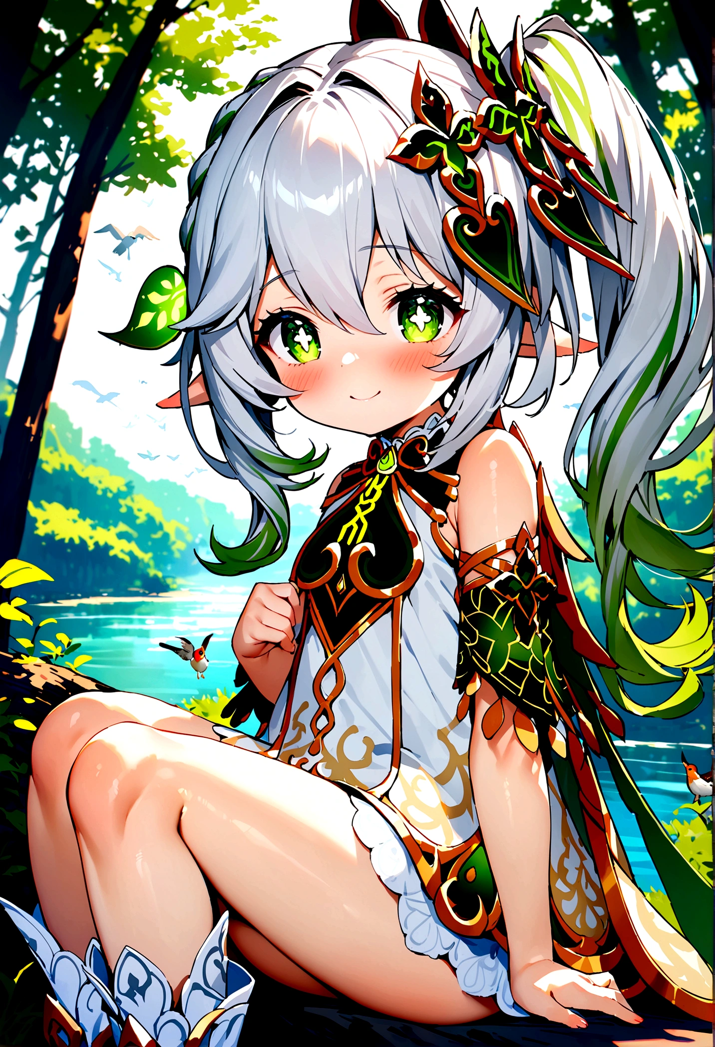 NSFW,masterpiece,Highest quality,High resolution,Super detailed,Nahida \(genshin impact\)、Green Eyes、dress、白いdress、Pointed Ears、Cruciform pupil、Symbol-shaped pupil、+ +、Side Ponytail、Long Hair、White Hair、Multicolored Hair、hair ornaments,blush,Expecting face,smile,in the forest,lake,Sitting,From the side,birdie,deer