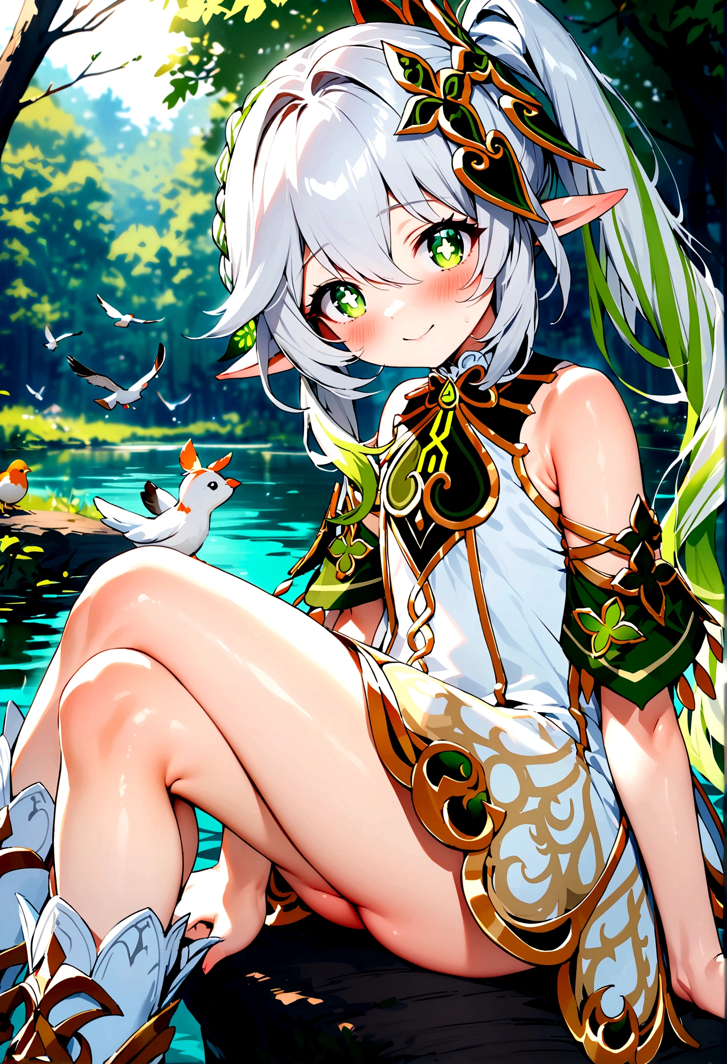 NSFW,masterpiece,Highest quality,High resolution,Super detailed,Nahida \(genshin impact\)、Green Eyes、dress、白いdress、Pointed Ears、Cruciform pupil、Symbol-shaped pupil、+ +、Side Ponytail、Long Hair、White Hair、Multicolored Hair、hair ornaments,blush,Expecting face,smile,in the forest,lake,Sitting,From the side,birdie,deer