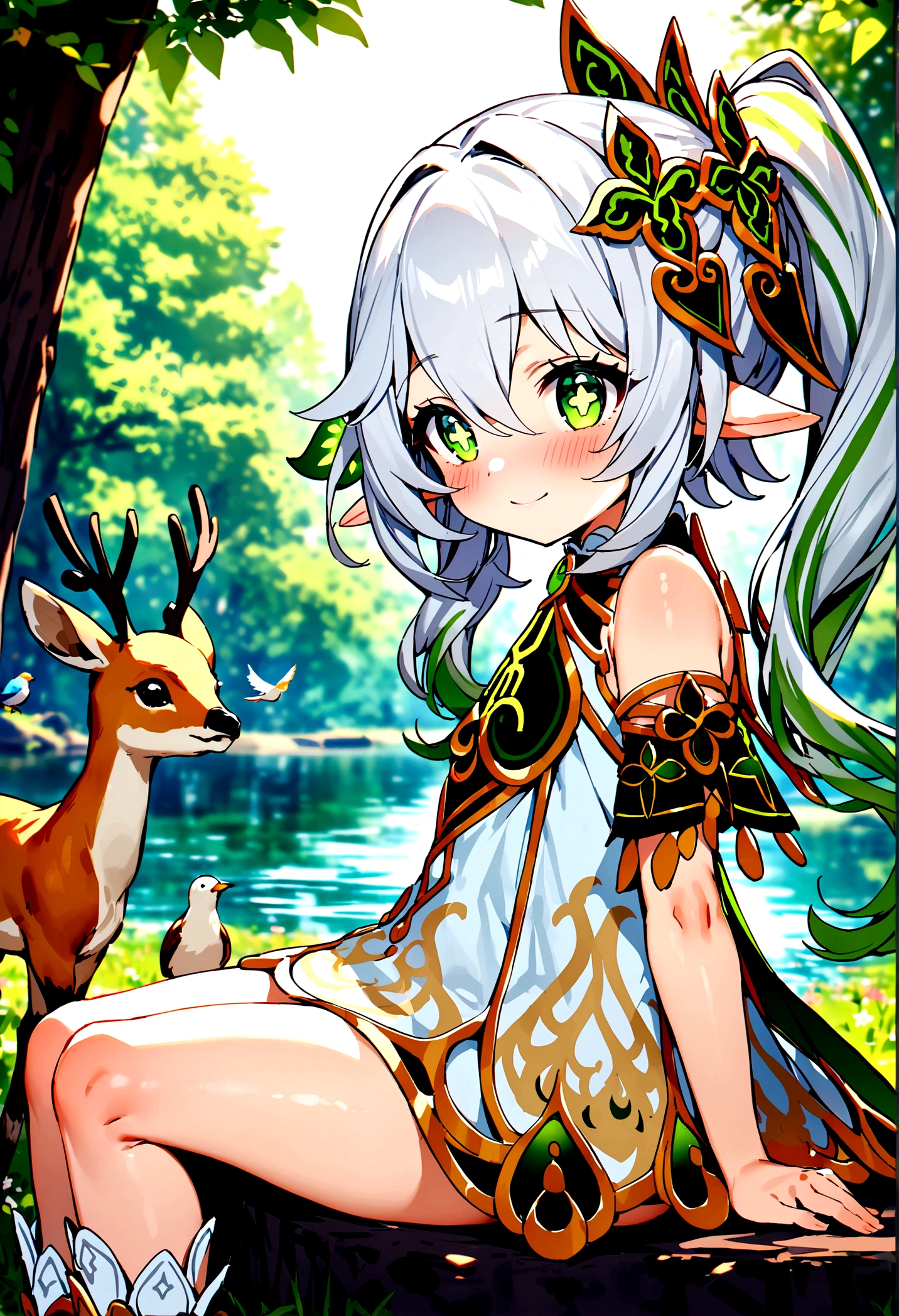 NSFW,masterpiece,Highest quality,High resolution,Super detailed,Nahida \(genshin impact\)、Green Eyes、dress、白いdress、Pointed Ears、Cruciform pupil、Symbol-shaped pupil、+ +、Side Ponytail、Long Hair、White Hair、Multicolored Hair、hair ornaments,blush,Expecting face,smile,in the forest,lake,Sitting,From the side,birdie,deer