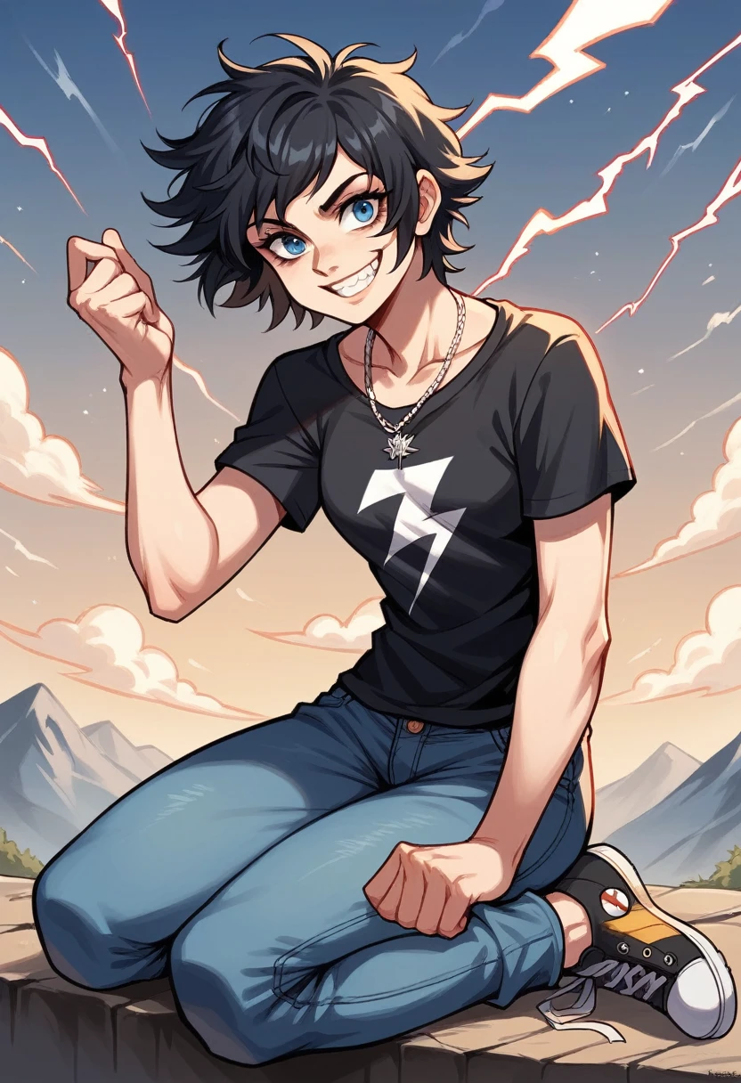  Anakin Skywalker, symmetrical face, defined body, sharp chin, blue eyes, short hair on both sides of the head, short hair on top, long hair at the nape of the neck, black hair, messy hair, cheerful smile, wearing a jean jacket, a simple black t-shirt, jeans, worn sneakers, necklace with a sapphire stone, in a combat position, destroyed sapphire fragments, lightning coming out of it, in some mountains, thunderstorms, alone