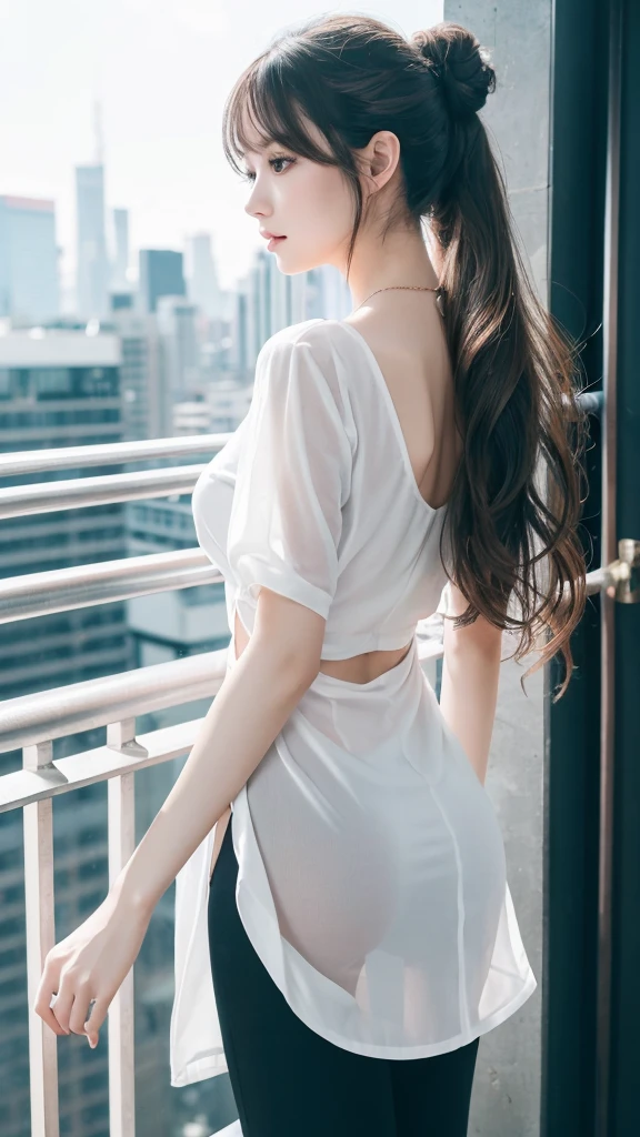 {{{ultra detail}}}, {{{realistic}}}, {{{depth of field}}}, whole body, from the side, head tilt, incredibly detailed, longuette, 1 woman, 30 years old, very long hair, Curly hair, high ponytail, light brown hair, beautiful and delicate hair, perfect face, Delicate arms and hands, slim legs, White skin, piercing, oversized clothes, big top sleeves, black pants, open clothes, cityscape, delicate background, blurred background, very delicate and beautiful, {{{wallpaper 8k CG}}}, {{{best quality}}}, {{{the greatest masterpiece}}},
