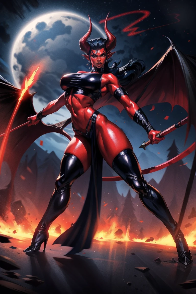 Red skin succubus tiefling, medium breasts, big hips, black horns, wings, huge tail, black leather, crop top, long flowing pelvic curtain, tall, athletic, graceful, thin, long black ponytail. Action scene, whip. Dark scene, explosions, night sky.