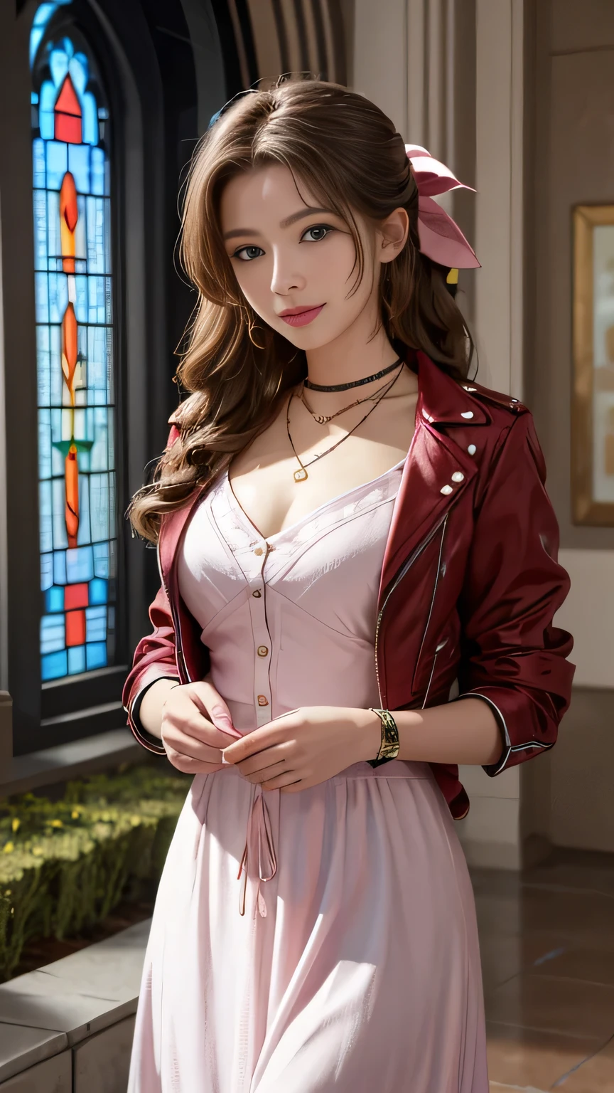 Tabletop, Highest quality, High resolution, Ticker, Super detailed, High resolution, Highly Detailed CG Unity 8K Wallpaper, Perfect artwork, Perfect female body type, One Girl, Aerith Gainsborough, Choker Necklace, Cropped jacket, Hair Ribbon, bracelet, Pink Dress, Displaying the viewer, A light smile, indoor, Stained Glass Windows, garden,Mid-chest、More information Eye Makeup