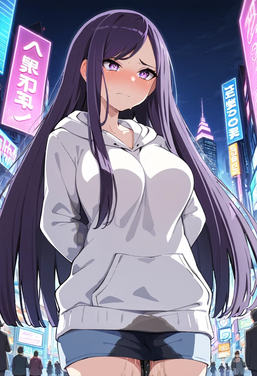 (masterpiece:1.37), best quality, (extremely detailed:1.37), (1girl:1.5), woman, (mature:1.5), (adult:1.5), large breasts, very long hair, (straight hair:1.5), (very dark purple hair:1.5), purple eyes, (extremely detailed eyes:1.37), hoodie, jeans, desperation, (wetting self:1.5), standing, embarrassed, humiliation, blushing, angry, city, futuristic, neon lighting, high-tech, street, skyscraper, (knees:1.5)