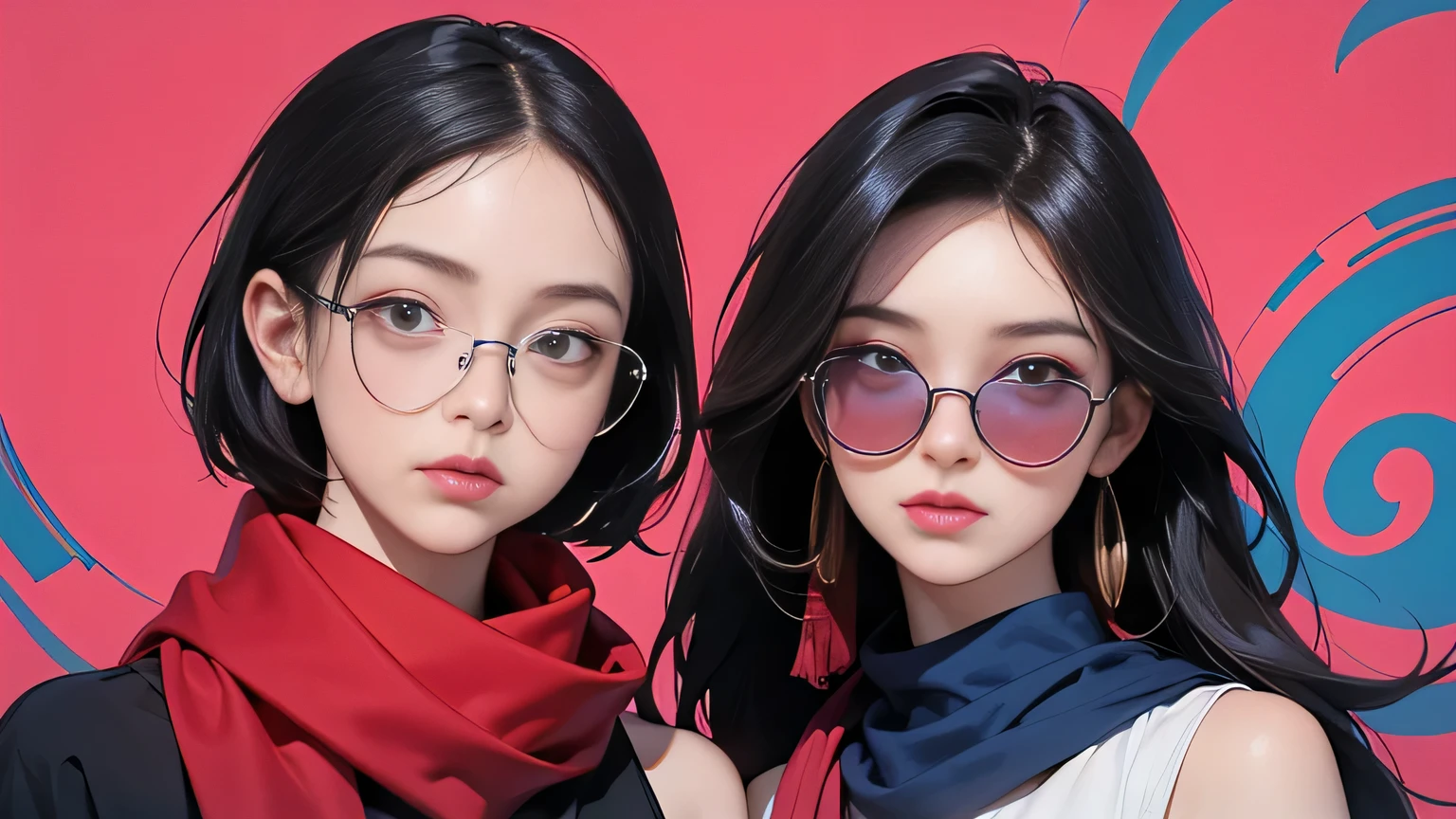 (masterpiece, best quality, 8k wallpaper, high resolution, ultra realistic), 2 women, 2 girls wearing sunglasses, 18 years old, (long hair, short hair), 8k, RAW portrait (Japanese women), masterpiece, photoreal: 1.3, realistic, ultra high resolution, best quality, real life photo, (in the evening: 1.1), ((((1 girl: 1.5))))(cute face: 1.3), perfect proportions, 80s big sunglasses, navy blue bodycon, red scarf, psychedelic background, two people posing.