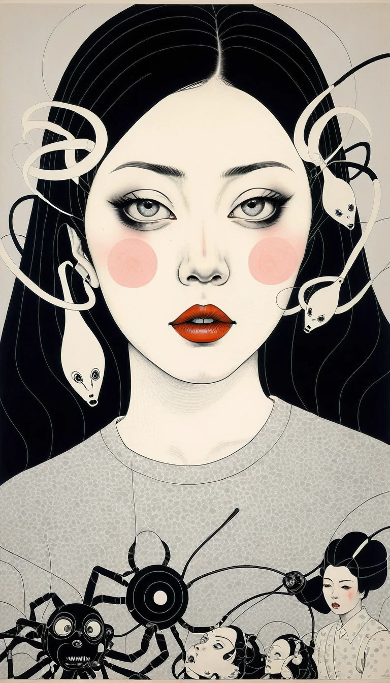Portrait of a beautiful young woman being possessed by humanoid toys, organic, diabolical and japanese mechanics, in the style of Toshio Saeki, detailed and linear illustration.